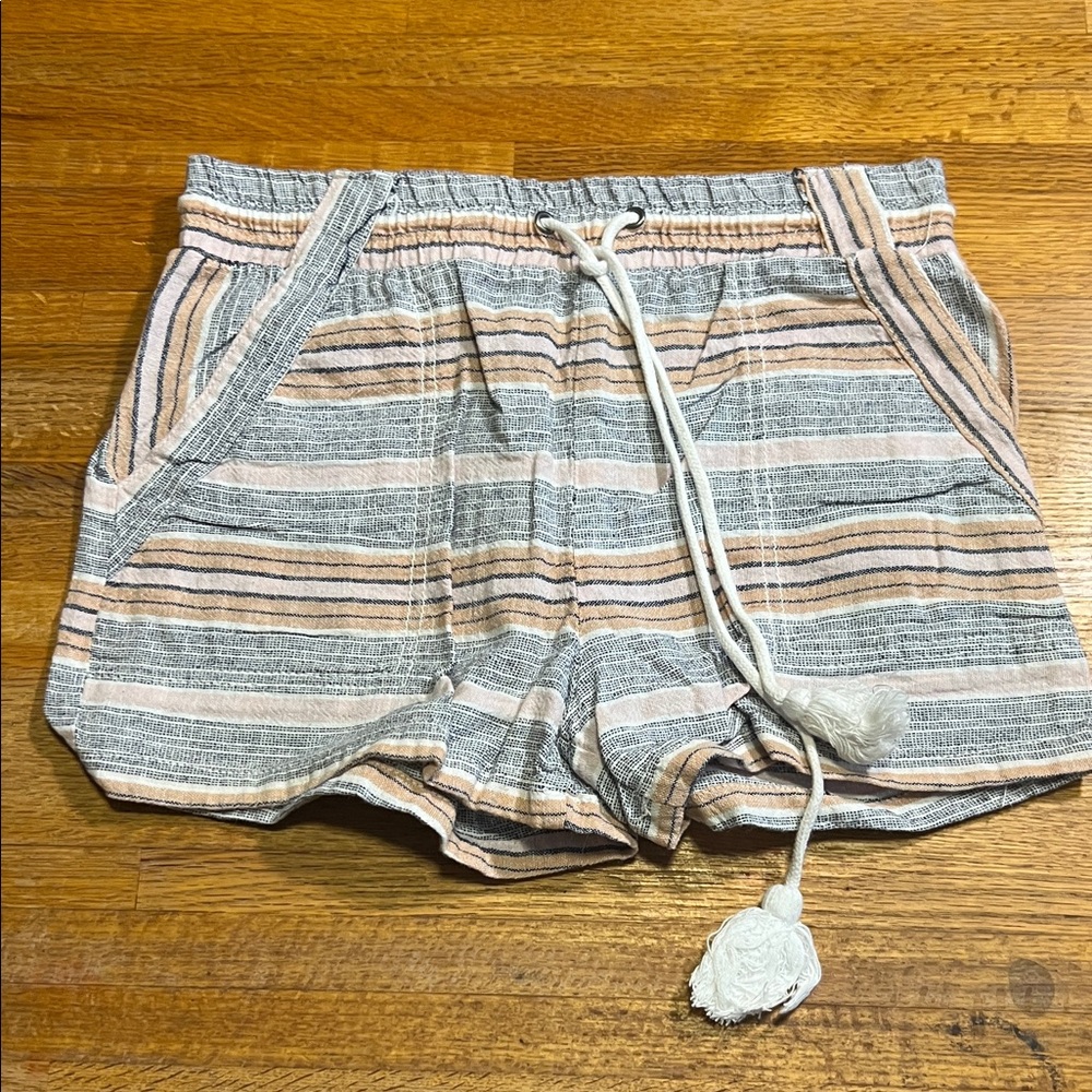 April Kiss Women Small Gray Tan Pink Striped High Waist Pocket Drawstring Shorts